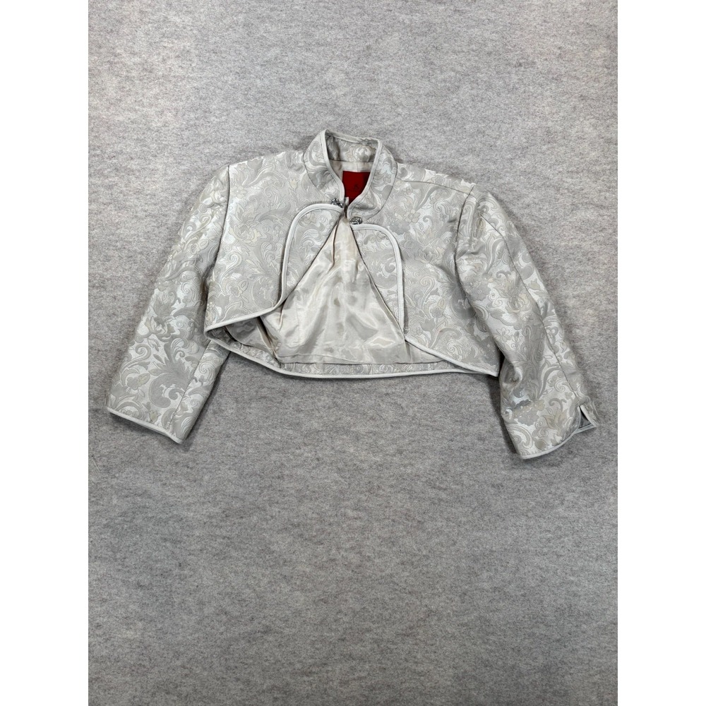 JS Collections Cropped Bolero Jacket Womens 8 Ivory Silver Paisley Rhinestones